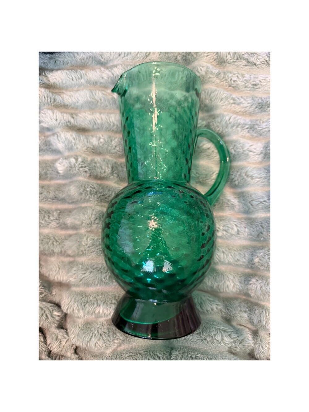 Vintage Italian Green Hobnail Glass Pitcher Jug Handblown Made in Italy